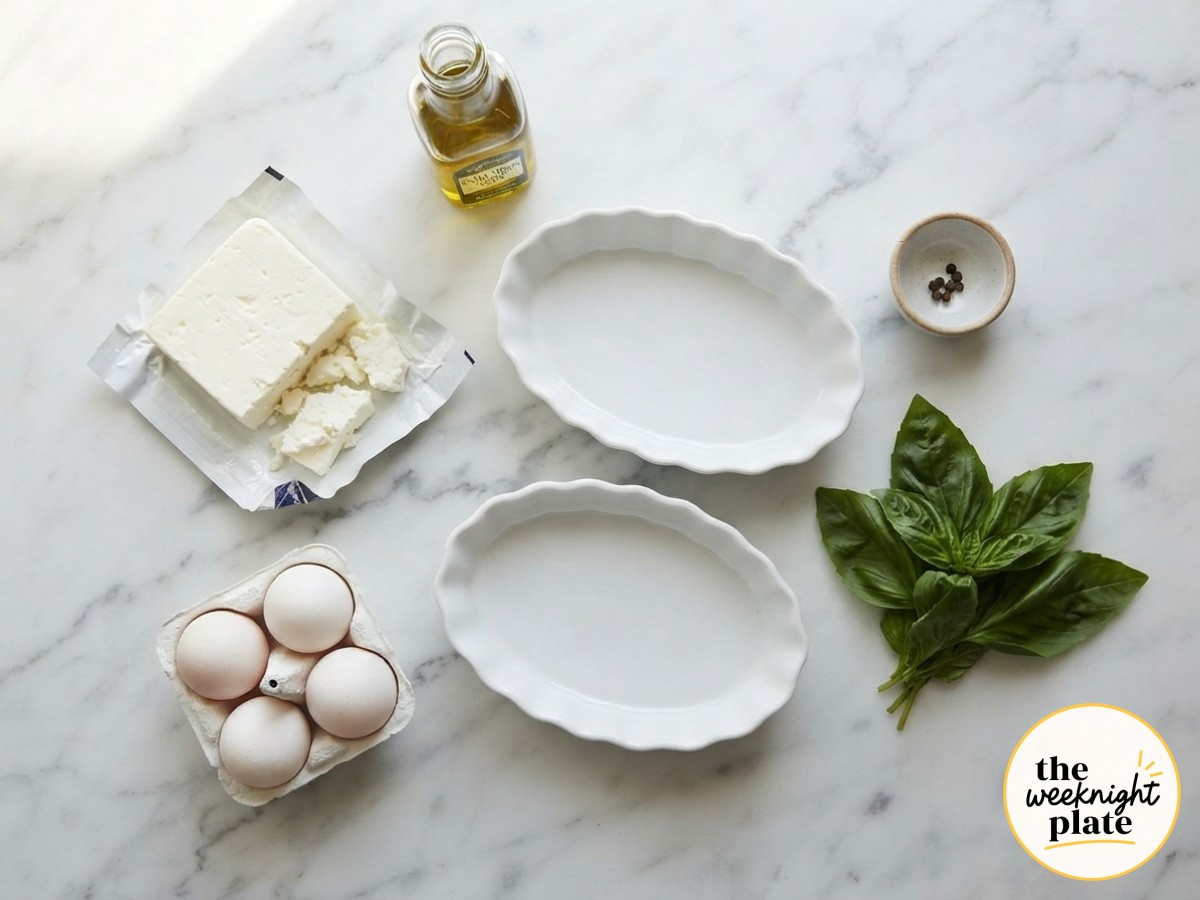 Raw ingredients for baked feta eggs in ramekins arranged on marble, including feta block, eggs, and basil