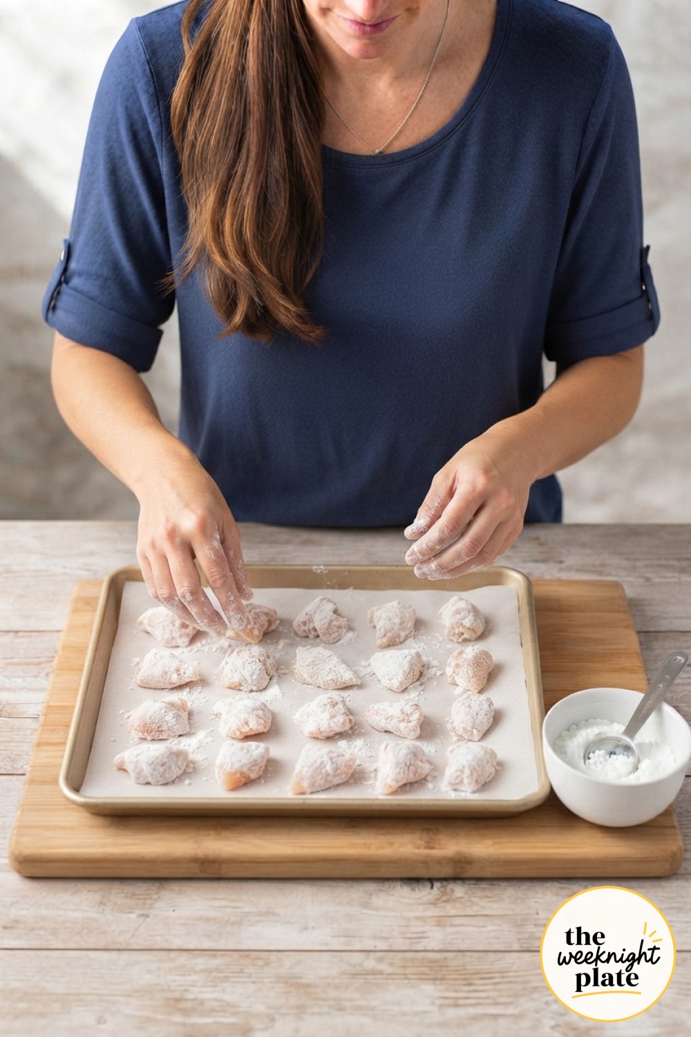 Coated chicken pieces spread in a single layer on a parchment-lined sheet pan before baking.