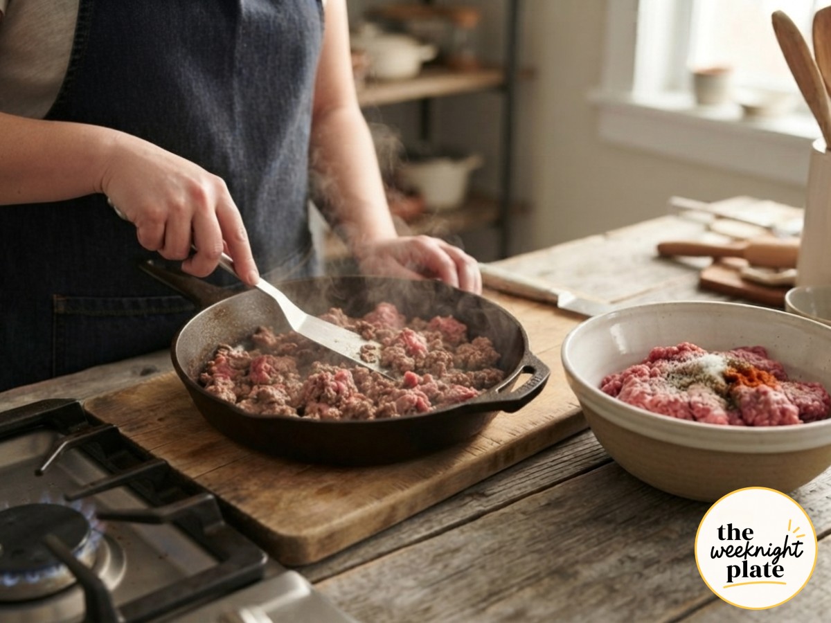 Ground beef browning in a cast iron skillet over an open gas flame for cheesy potato ground beef casserole