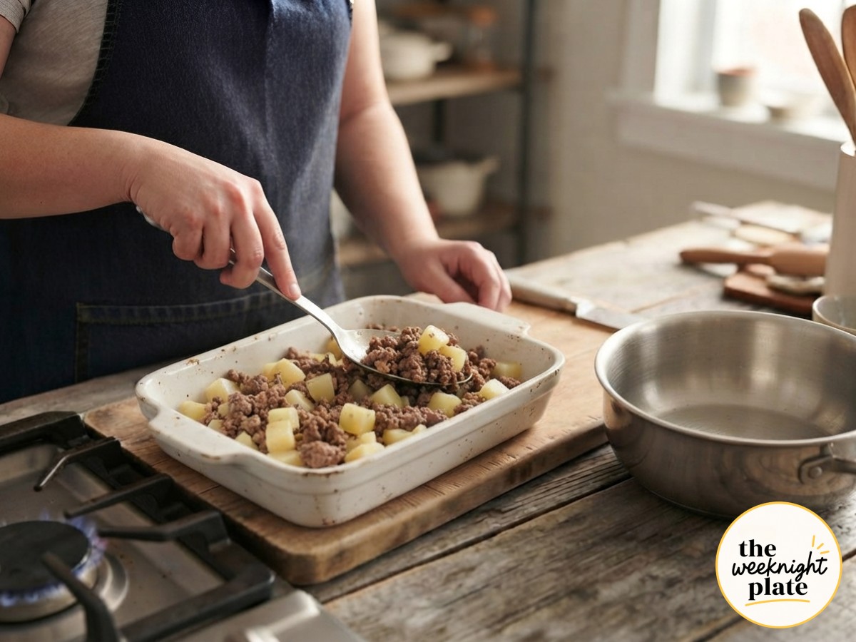 Layering browned beef and parboiled potato cubes into a baking dish for cheesy potato ground beef casserole