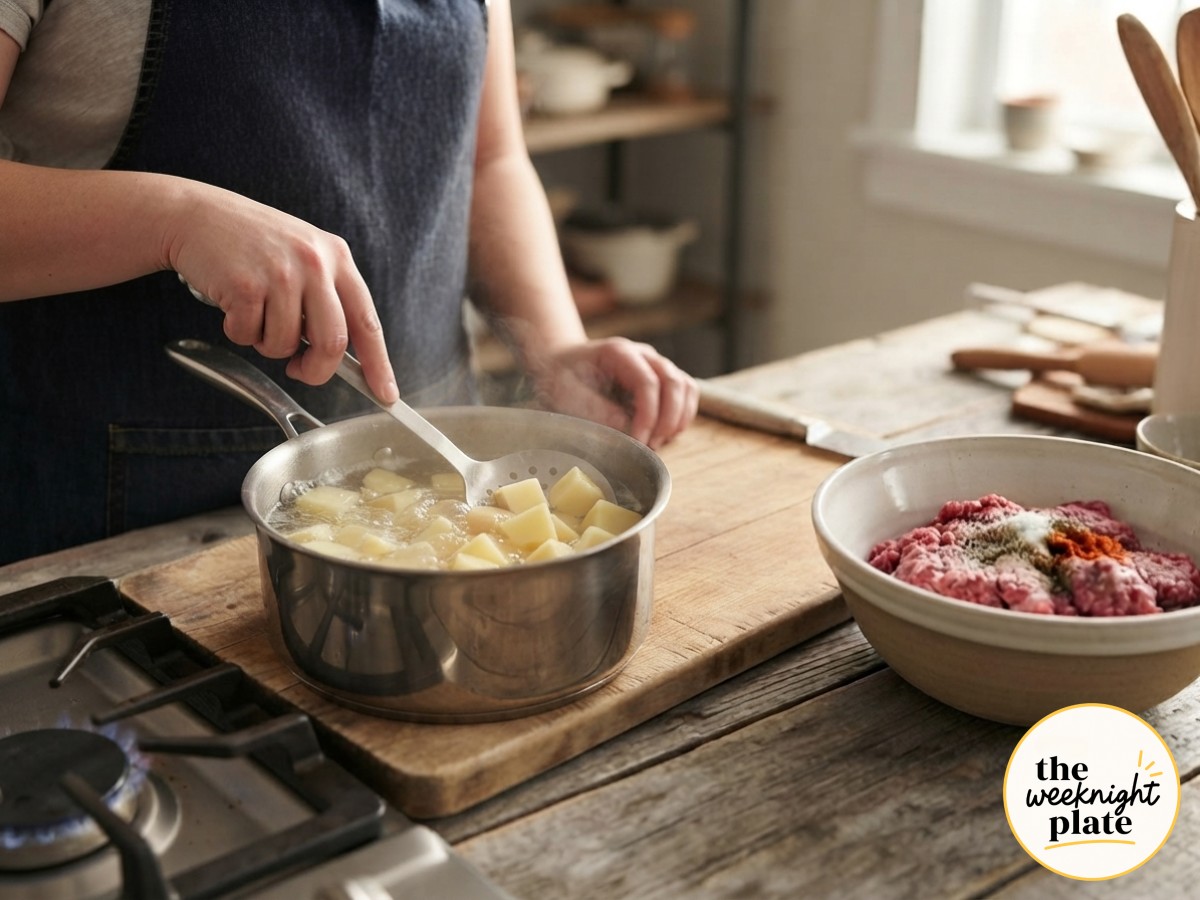 Potato cubes parboiling in a saucepan, a key step before baking this cheesy potato ground beef casserole
