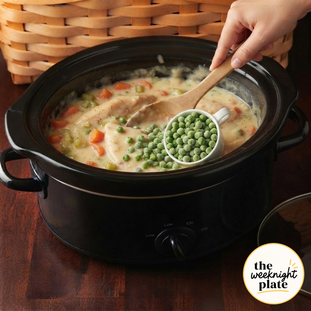Frozen peas and a cornstarch slurry stirred into the thickening crock pot chicken pot pie with biscuits filling.