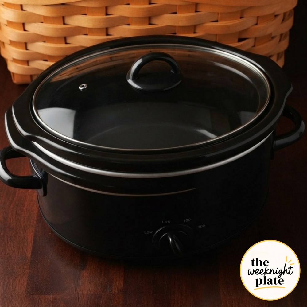 Slow cooker lid closed with the dial set to low, starting the crock pot chicken pot pie with biscuits cook.
