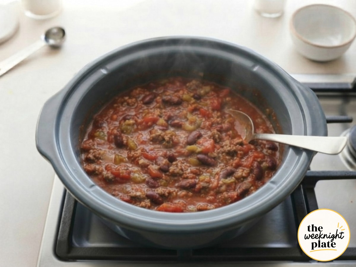 A steaming, deep red chili base simmers with the lid ajar in the crock pot, ready for the macaroni to go in.