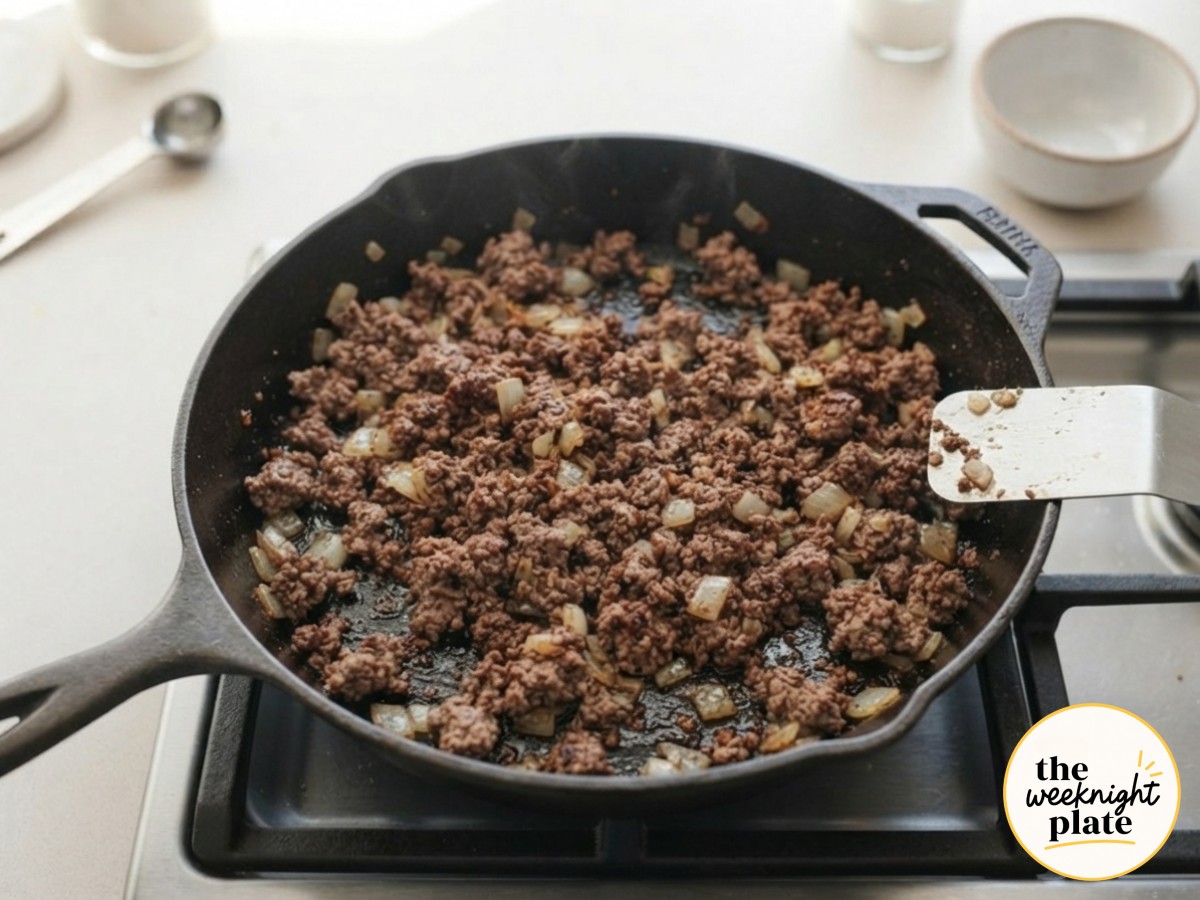 Ground beef and onion brown together in a cast iron skillet, the key step for a better crock pot chili mac.