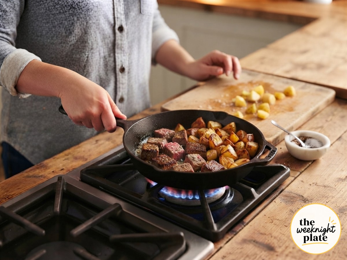 Seasoned steak cubes sear alongside crispy potatoes, forming a deep crust for garlic butter steak bites and potatoes.