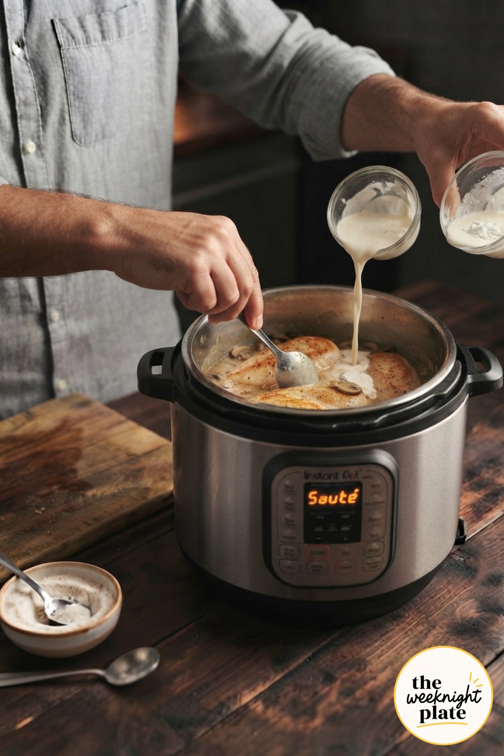 Stirring cream and a cornstarch slurry into the broth to thicken instant pot chicken marsala sauce