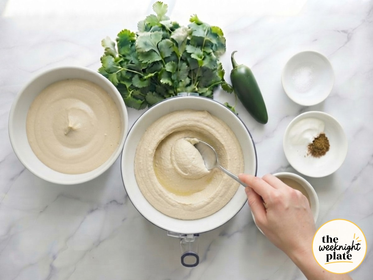 Hummus swirled into a shallow bowl with a decorative well pressed in the center