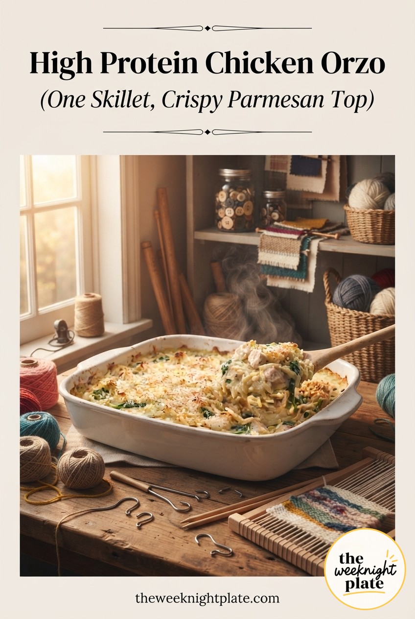 High Protein Chicken Orzo (One Skillet, Crispy Parmesan Top)