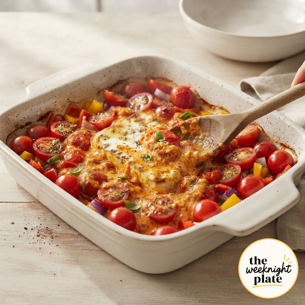 Wooden spoon mashing baked feta into roasted tomatoes to form the creamy sauce base for this pasta.