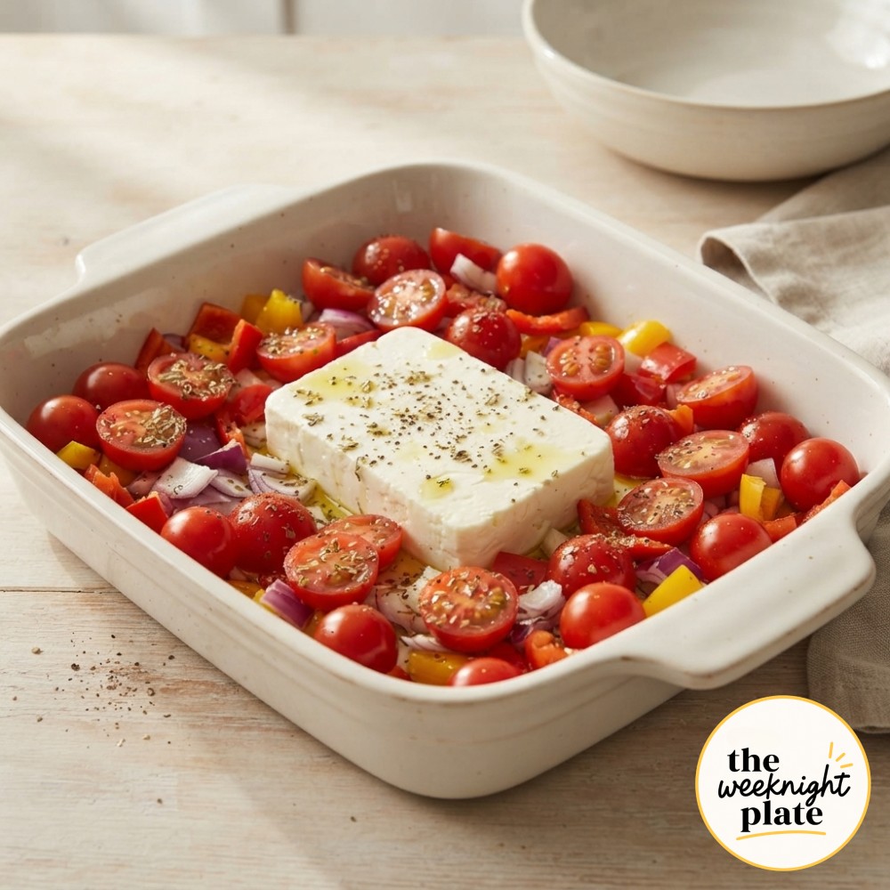 Raw block of feta surrounded by cherry tomatoes and peppers before baking for roasted vegetable baked feta pasta.