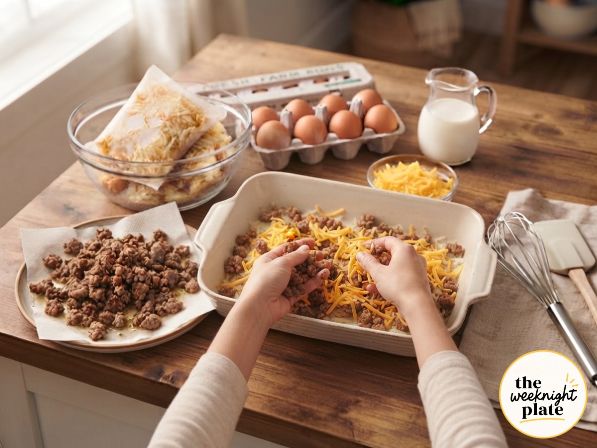 Browned sausage and shredded cheddar layered dry over hash browns in the assembly of a sausage hash brown breakfast casserole